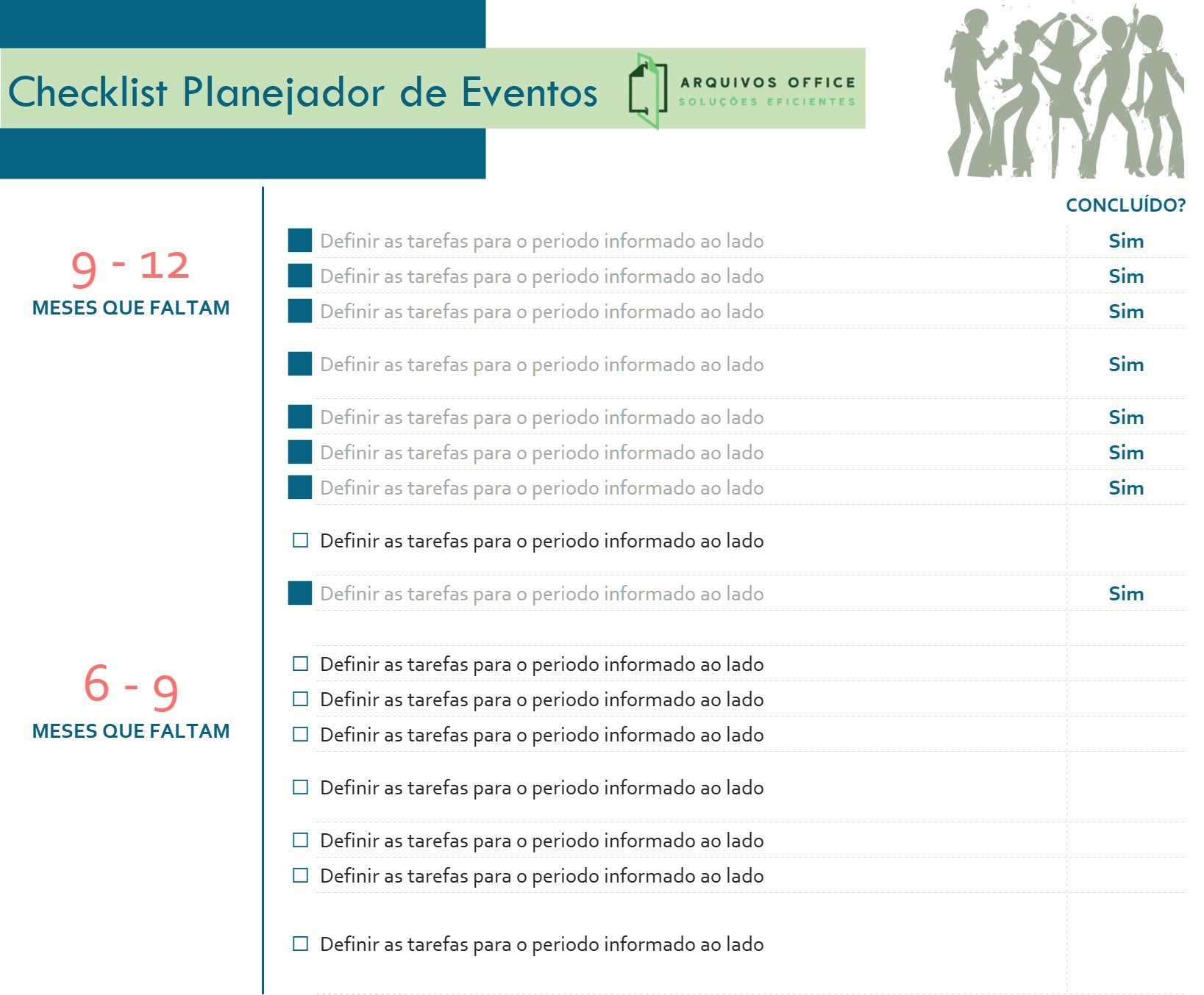 Planilha Checklist de Eventos em Excel mostrando uma lista de tarefas organizadas por intervalos de tempo e etapas concluídas.