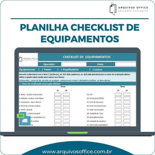 Planilha Checklist de Equipamentos em Excel mostrando itens a serem verificados
