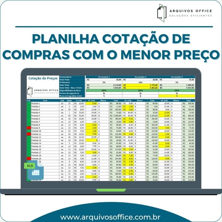 Planilha Cotação de Compras. Menor Preço Destacado Automaticamente. Comparação de Fornecedores em Excel. Economia Garantida.