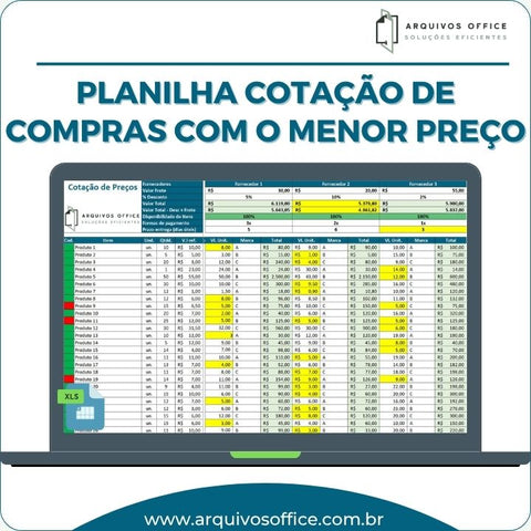 Planilha Cotação de Compras. Menor Preço Destacado Automaticamente. Comparação de Fornecedores em Excel. Economia Garantida.