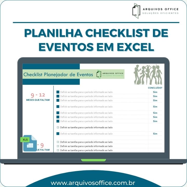 Imagem da Planilha Checklist de Eventos em Excel mostrando uma lista de tarefas organizadas por intervalos de tempo e etapas concluídas.