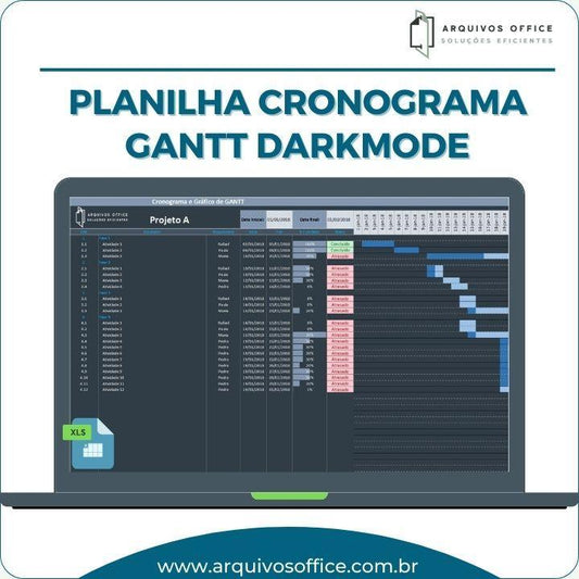 Planilha de Cronograma Gantt Darkmode (modo escuro) em Excel para gerenciamento de projetos, visualização de cronogramas, e acompanhamento de tarefas.