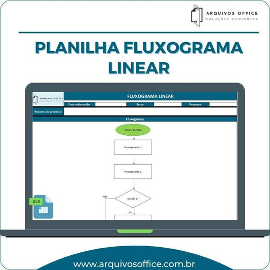 Captura de tela da planilha de fluxograma linear em Excel, exibindo processos desenhados.