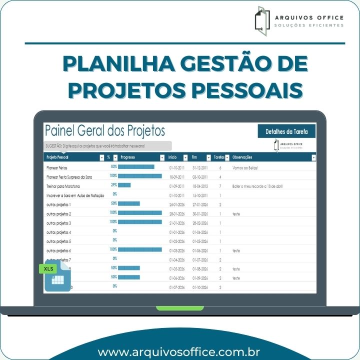 Dashboard da planilha de gestão de projetos pessoais no Excel mostrando gráficos de progresso e cronograma colorido.